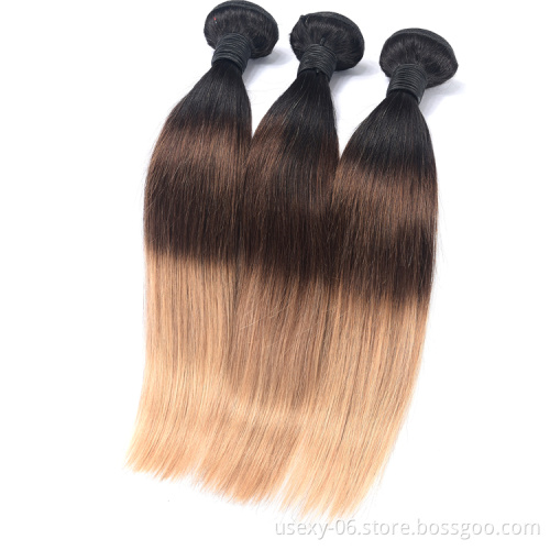 Three Tone Ombre Brazilian Human Hair Straight Hair Bundle Ombre 1B4/27 Hair Bundles With Closure